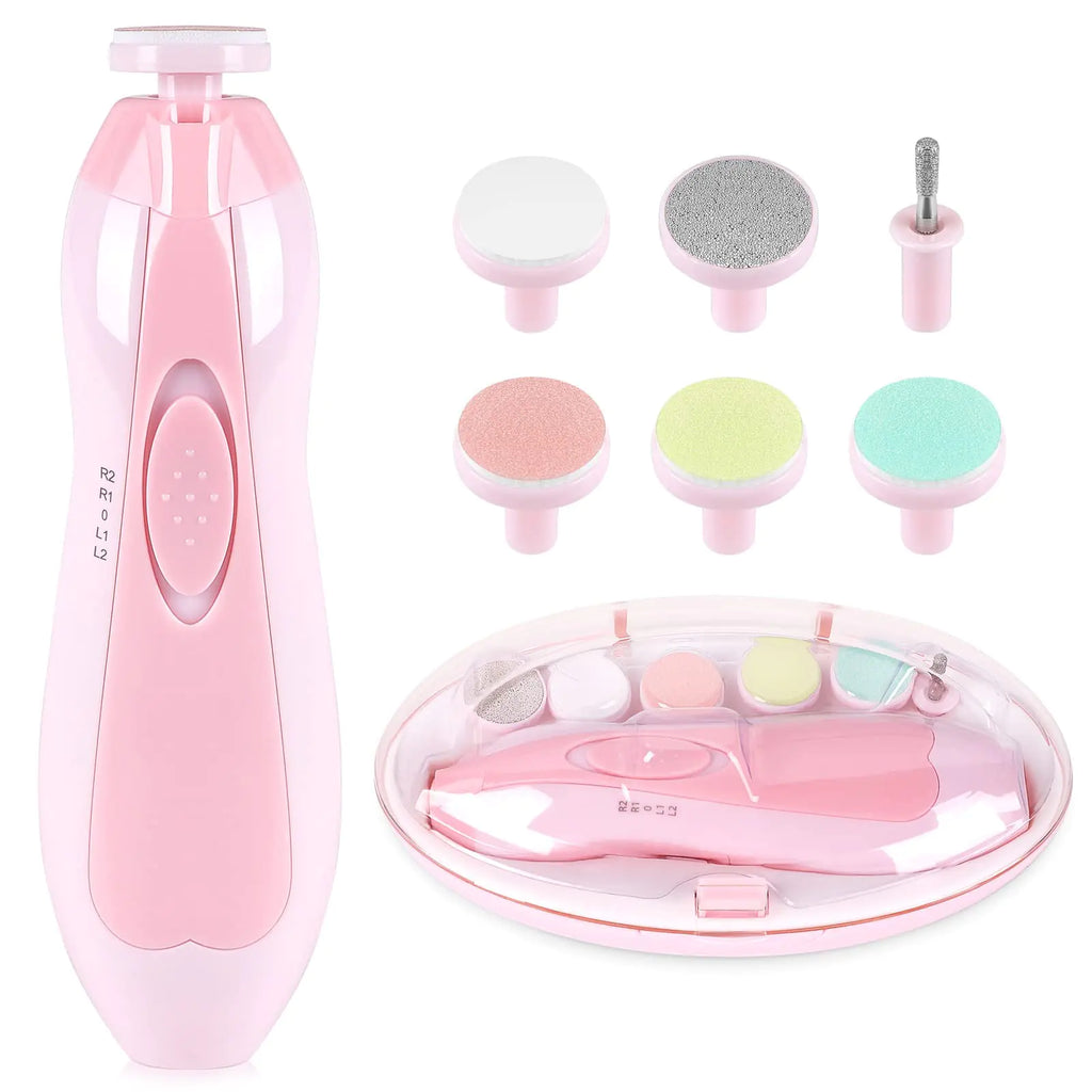 Baby Nail Clippers Baby Safe Electric Trimmer Nail File Kit for Newborn Infant Toddler Kids Toes and Fingernails - Care Polish and Trim - 6 Grinding Heads and LED Light Pink