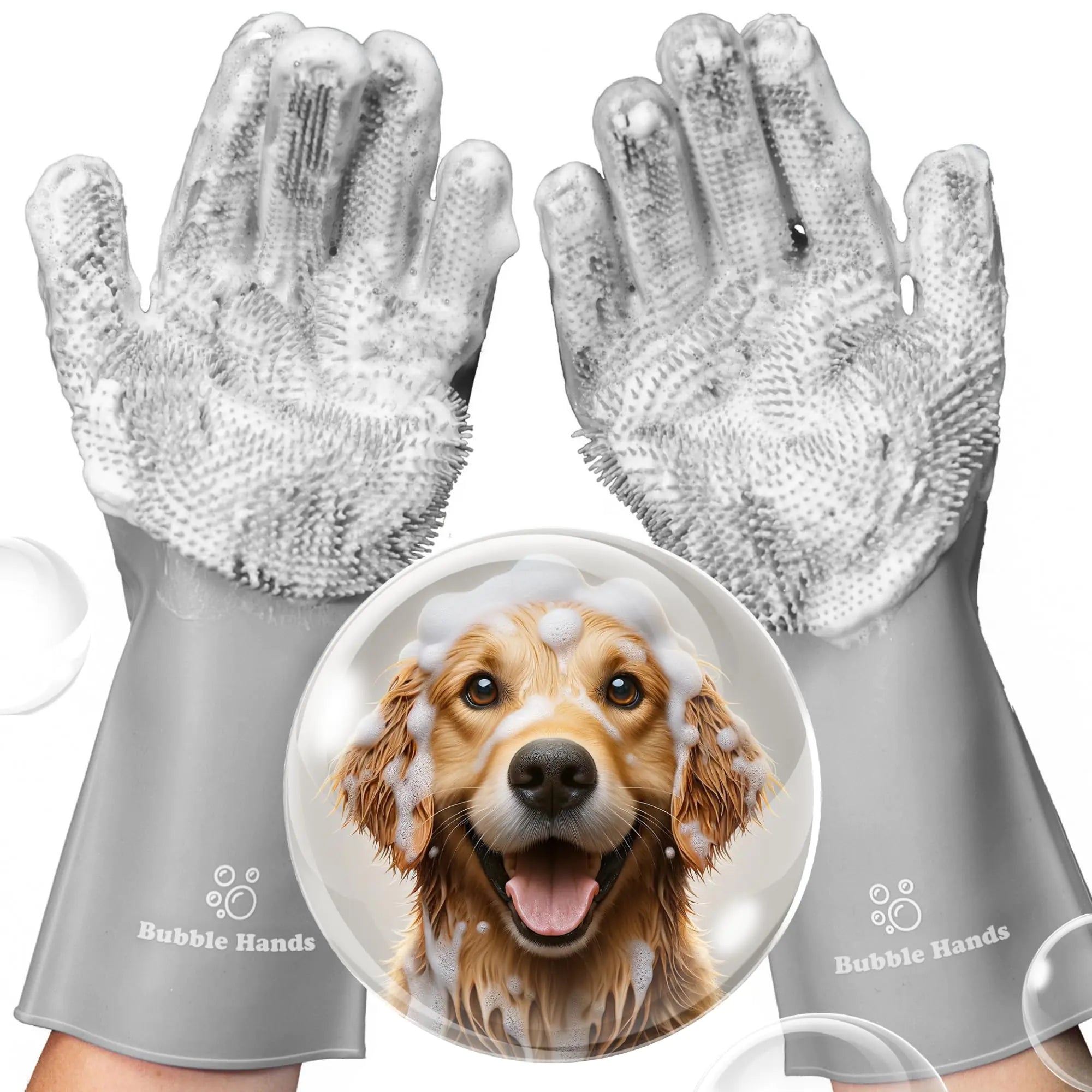 Bubble Hands Dog Washing Gloves with Bristle Scrubbers Reusable Silicone Gloves Ideal for Pet Bathing Massaging & Grooming (Gray)